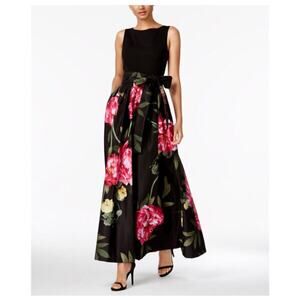 Tahari Black & Pink Floral Print A-Line Sleeveless Maxi Dress Mother of Bride